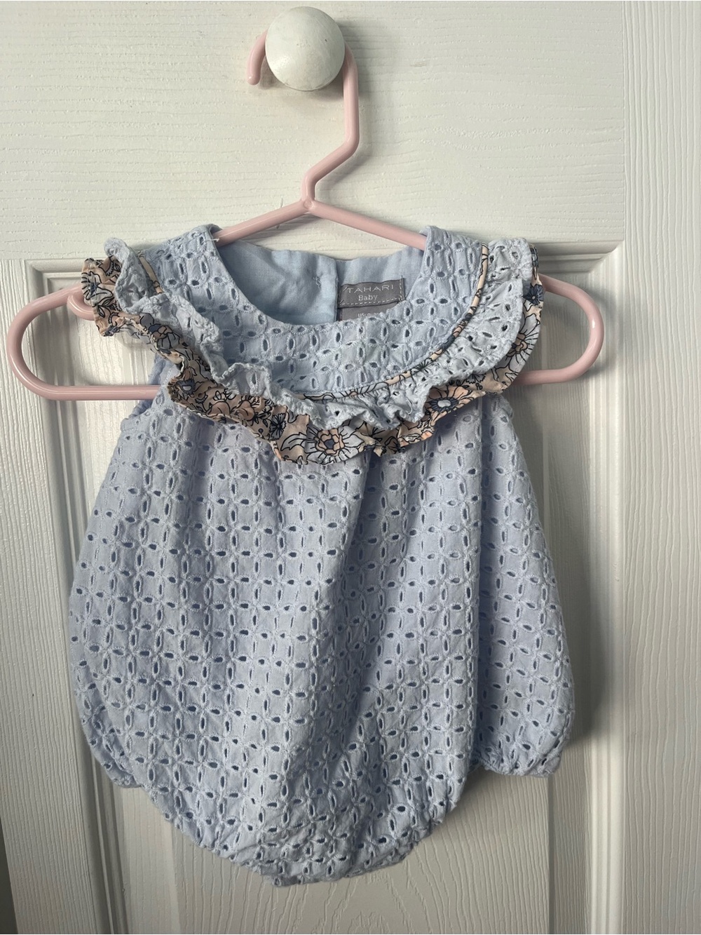 Tahari Light Blue Eyelet Bubble Romper with Floral Ruffle